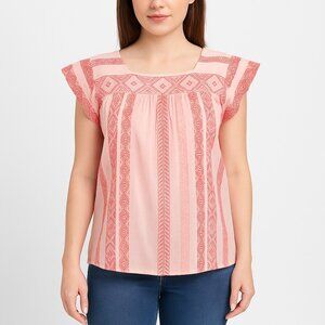LoveStitch Pink Striped Boho Top Size S Pleated Front Cap Sleeve